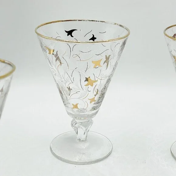 Vintage Libbey 1950s Royal Fern Gold Trim Stemware Wine Water Glasses Set of 4